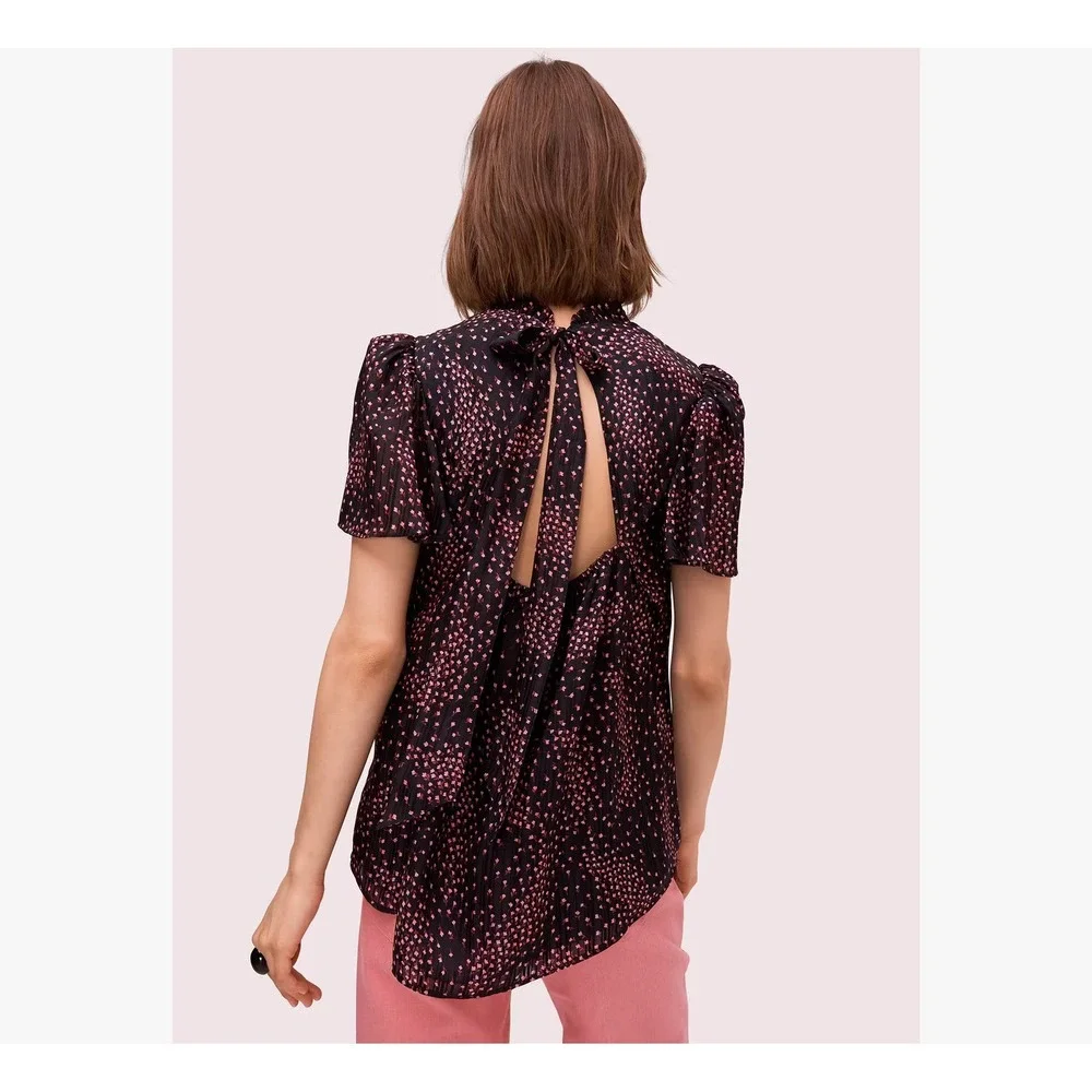 Kate Spade New York Meadow Floral Silk Blend Smocked Neck Tie Back Top‎ Black 10